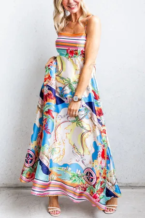 Satin print pleated maxi dress with back strap