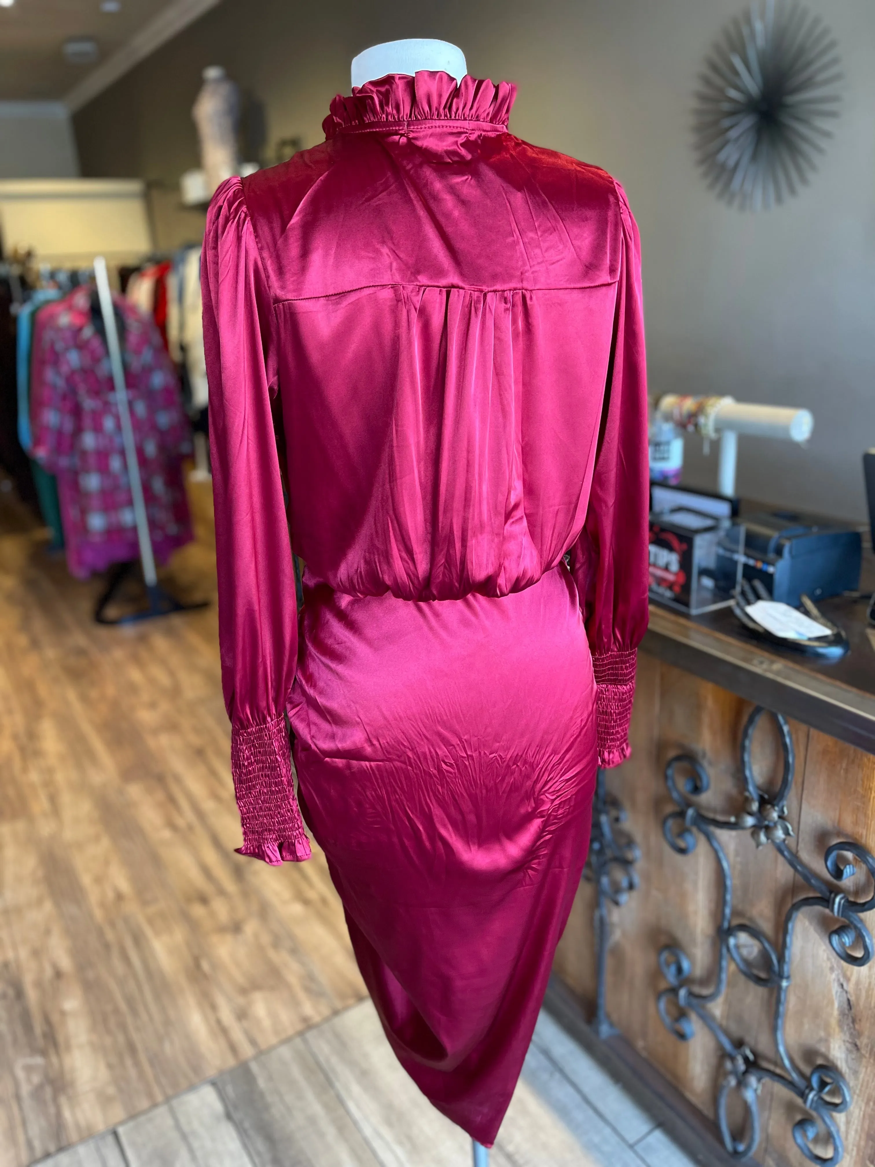 Scrunge Wrist Ruffle Neck Dress