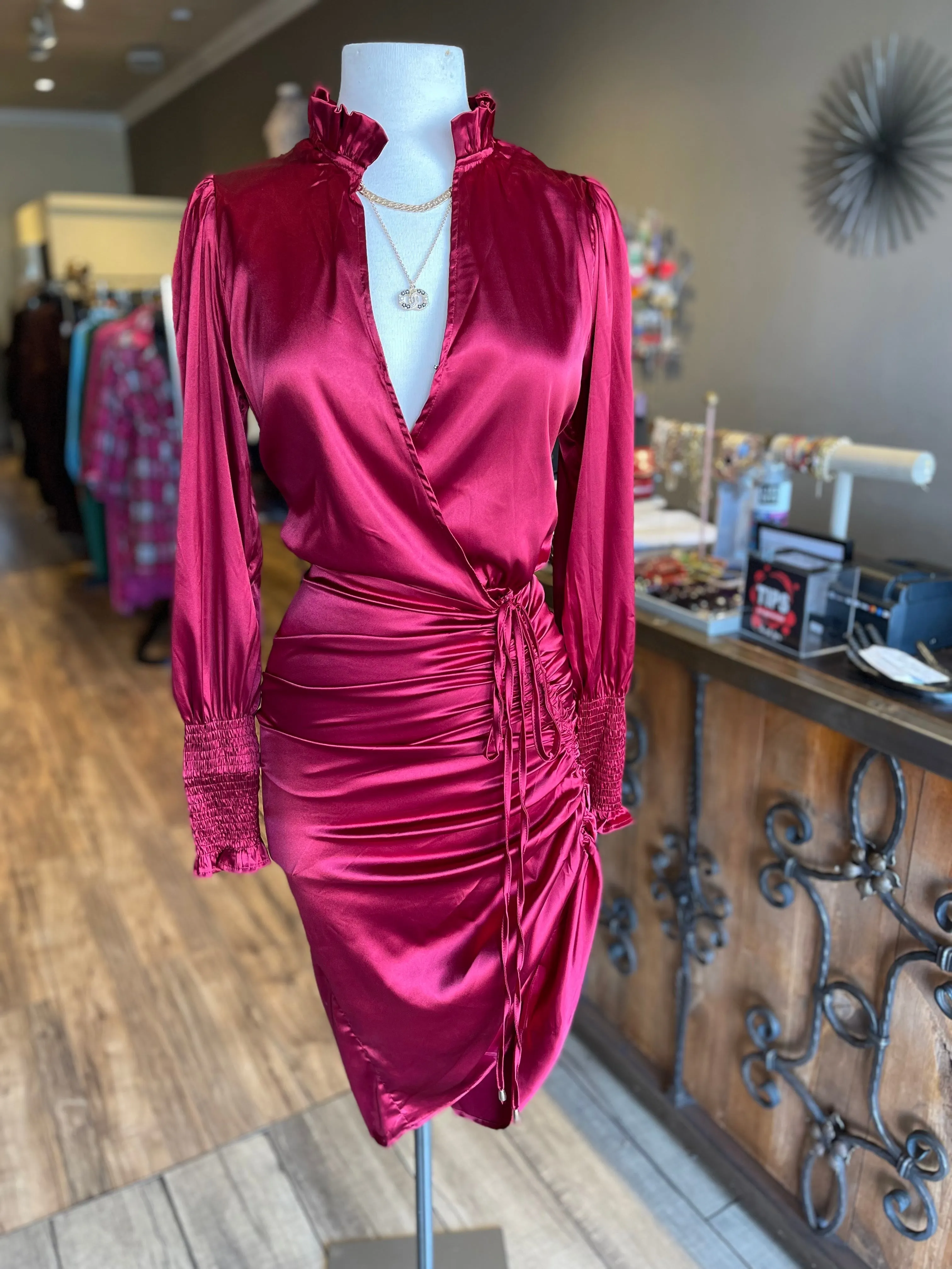 Scrunge Wrist Ruffle Neck Dress