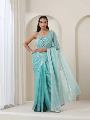 Sea Green Glamour Swarovski Style Organza Saree with Blouse Fabric