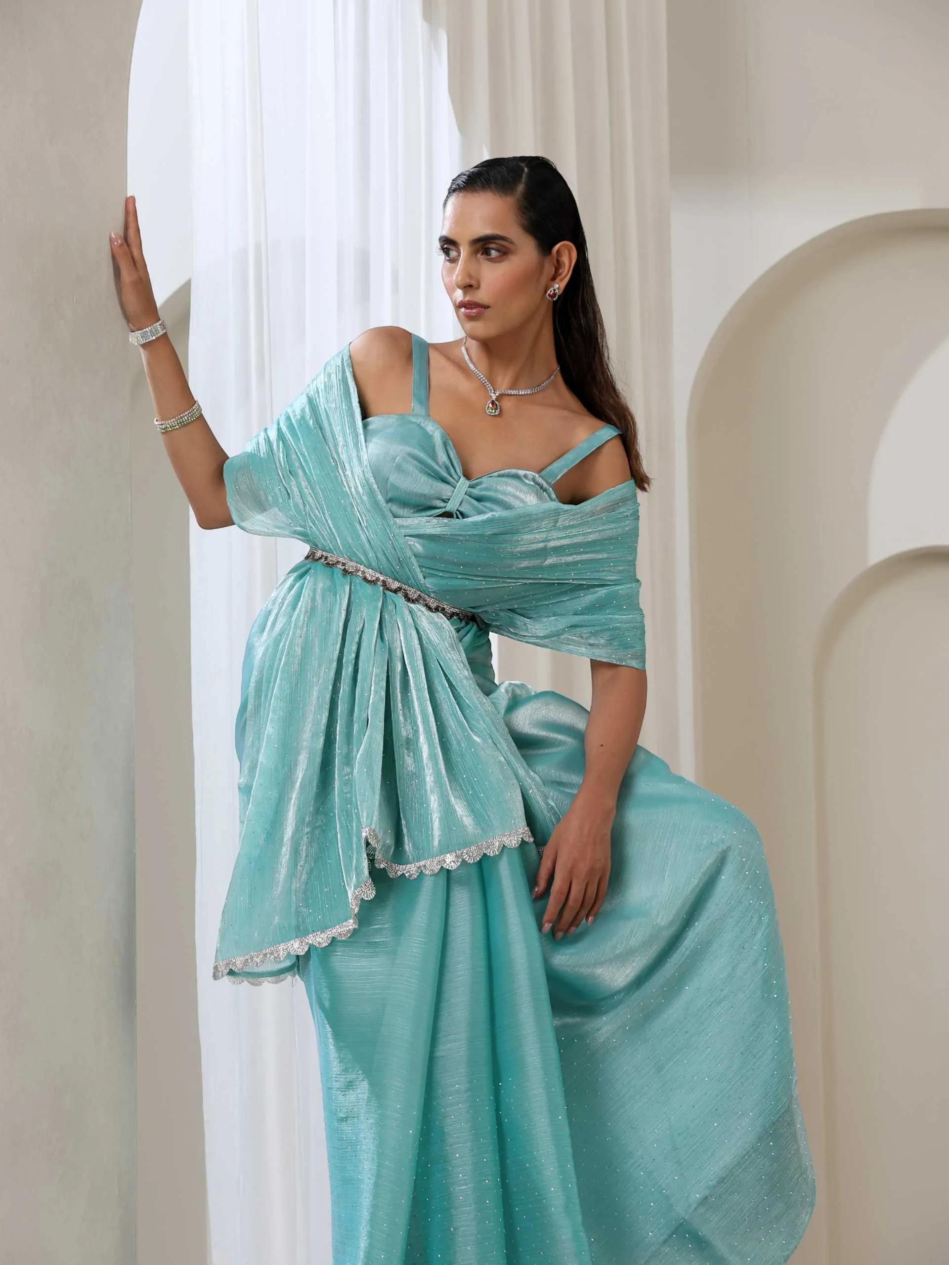 Sea Green Glamour Swarovski Style Organza Saree with Blouse Fabric