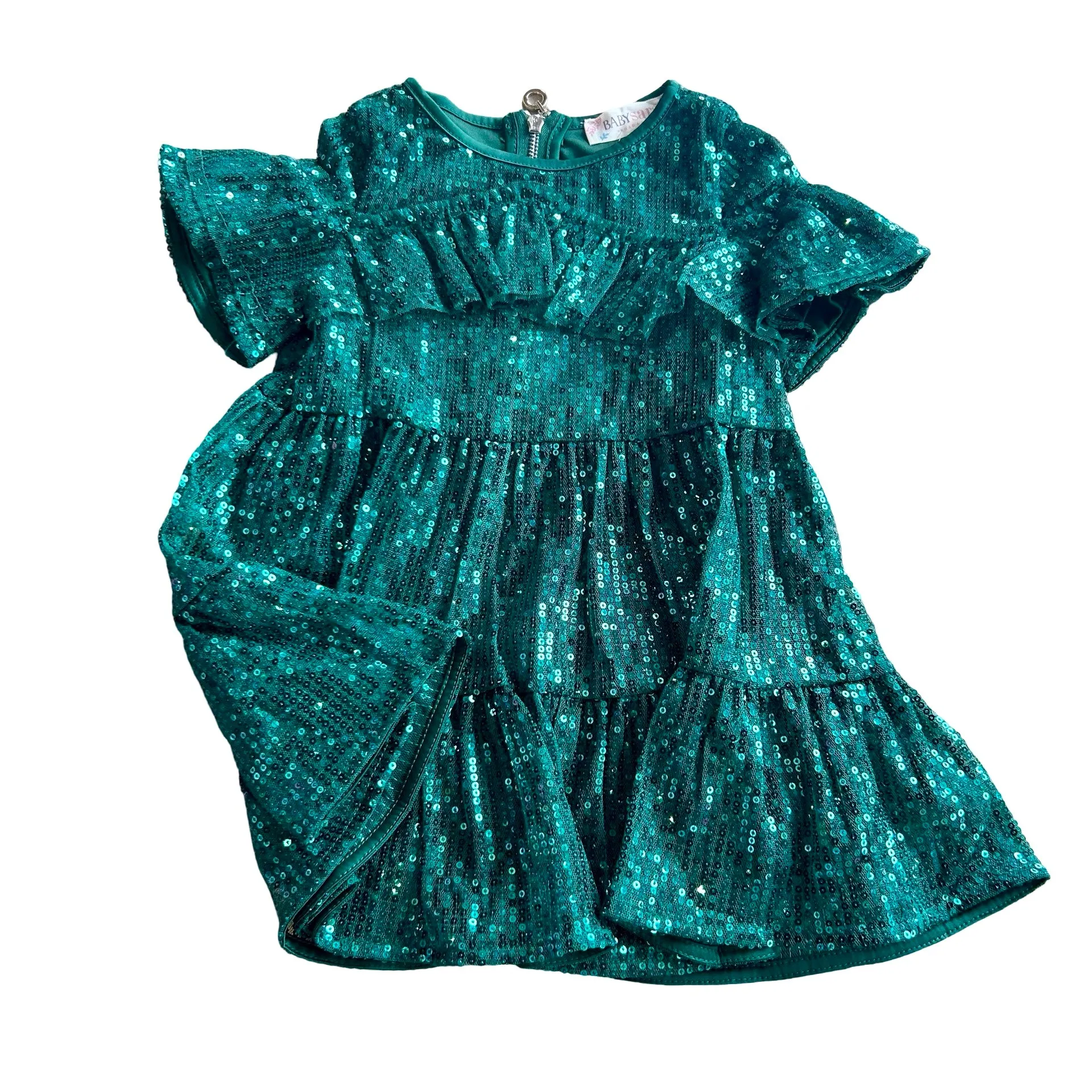 Sequined Tiered Dress w/ Shoulder Ruffle