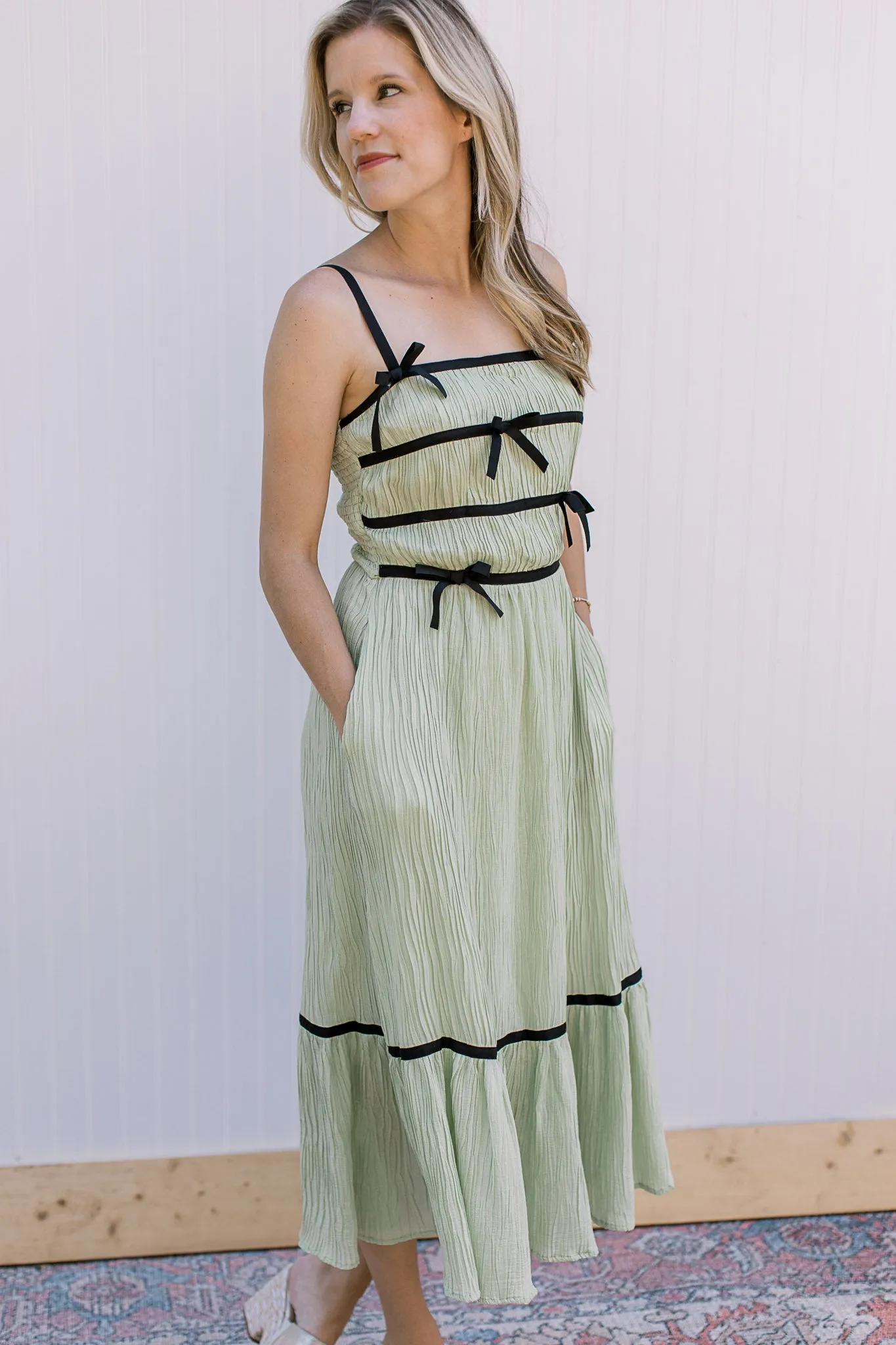 Serenity Celery Dress with Bow Accents