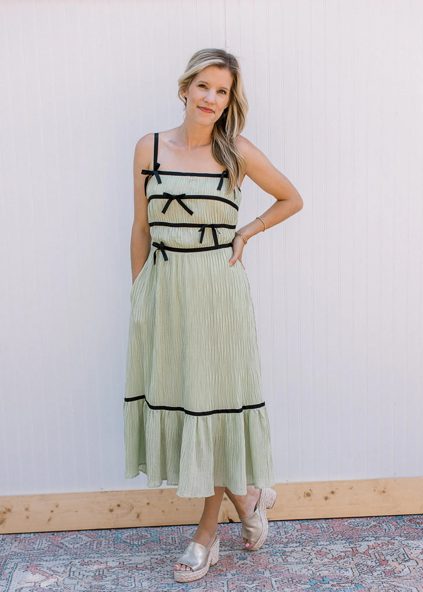 Serenity Celery Dress with Bow Accents