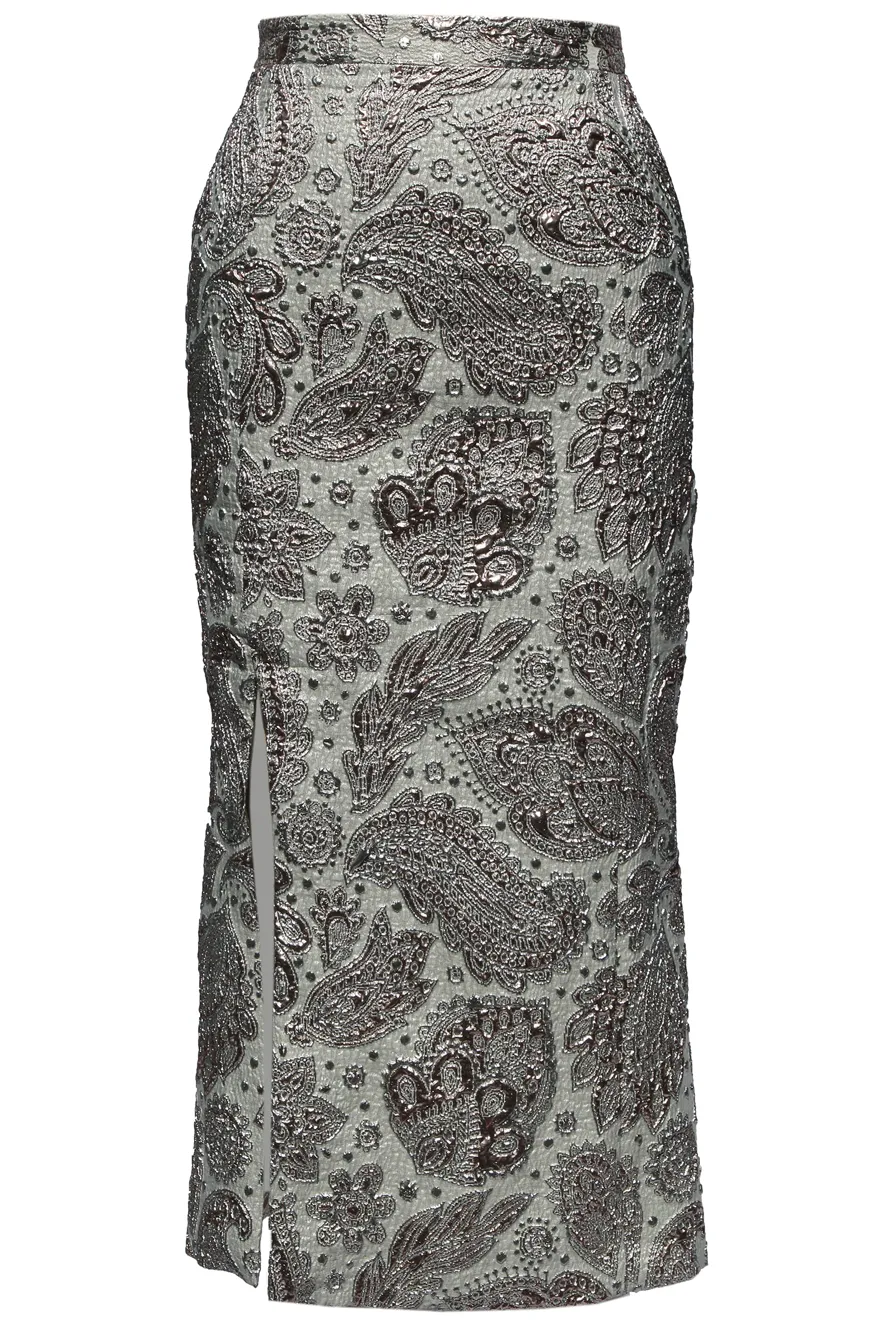 Silver Paisley Pencil Skirt/ Mini, Above Knee or Midi Length