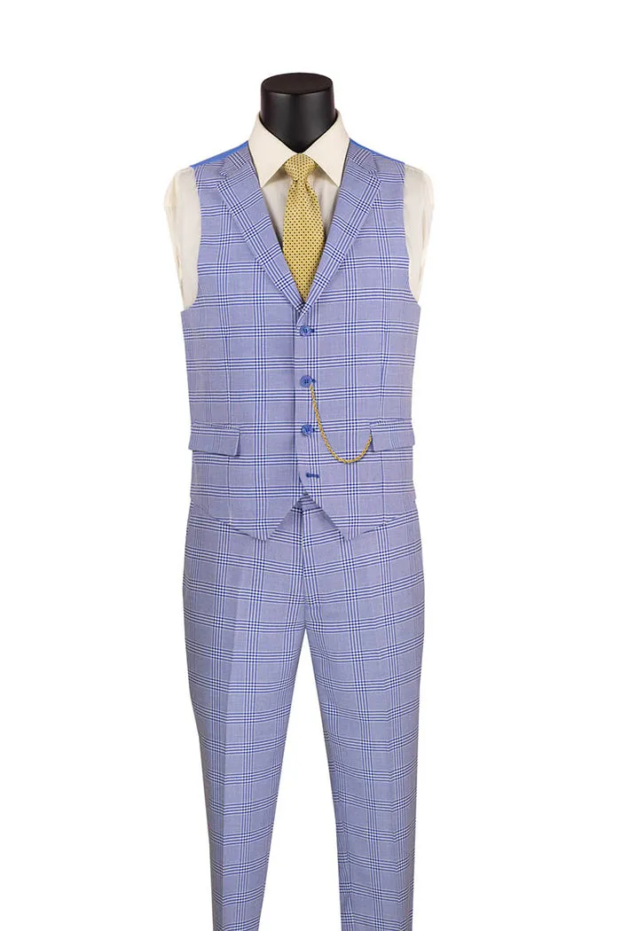 Slim Fit Suit Windowpane 3 Piece with Vest Sky Blue SV2W-6