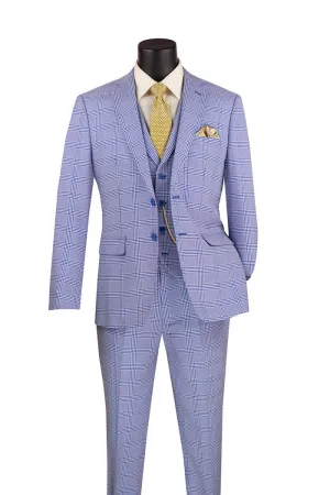 Slim Fit Suit Windowpane 3 Piece with Vest Sky Blue SV2W-6