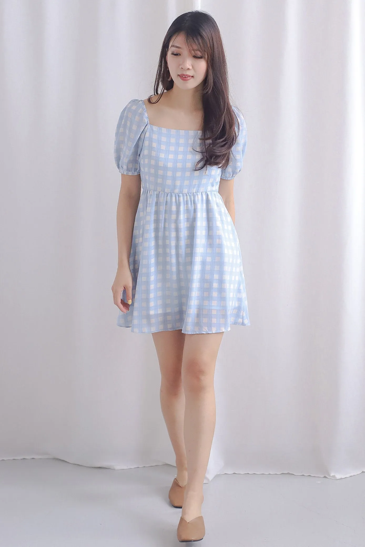 Sofia Plaid Puffy Sleeve Dress Romper In Blue