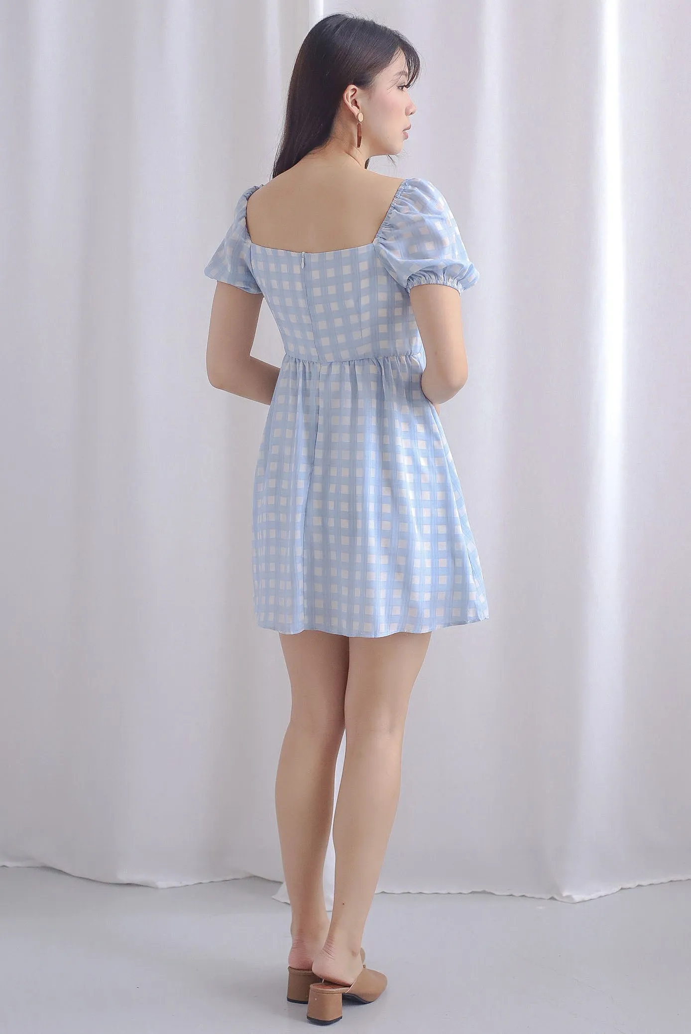Sofia Plaid Puffy Sleeve Dress Romper In Blue