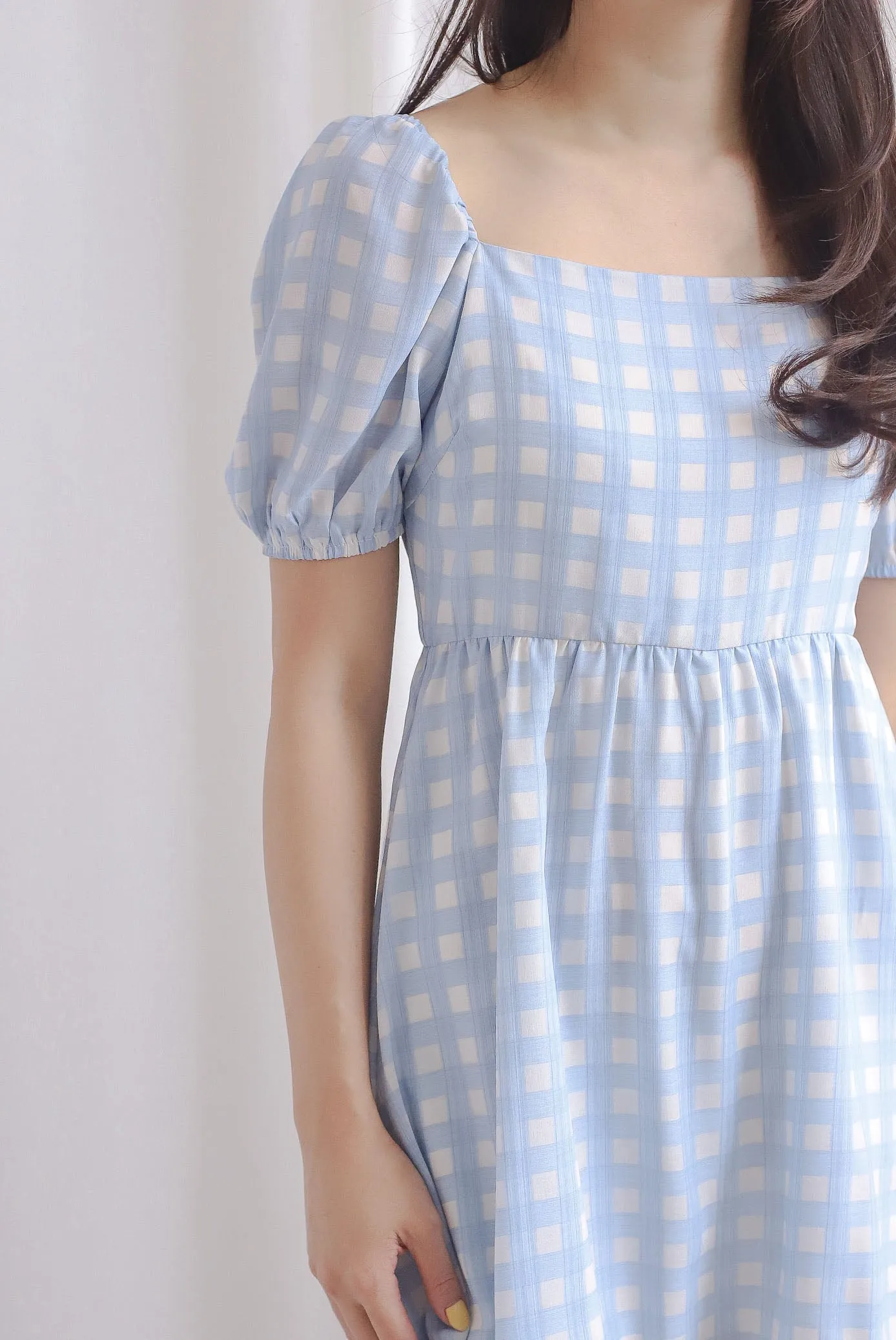Sofia Plaid Puffy Sleeve Dress Romper In Blue