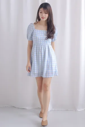 Sofia Plaid Puffy Sleeve Dress Romper In Blue