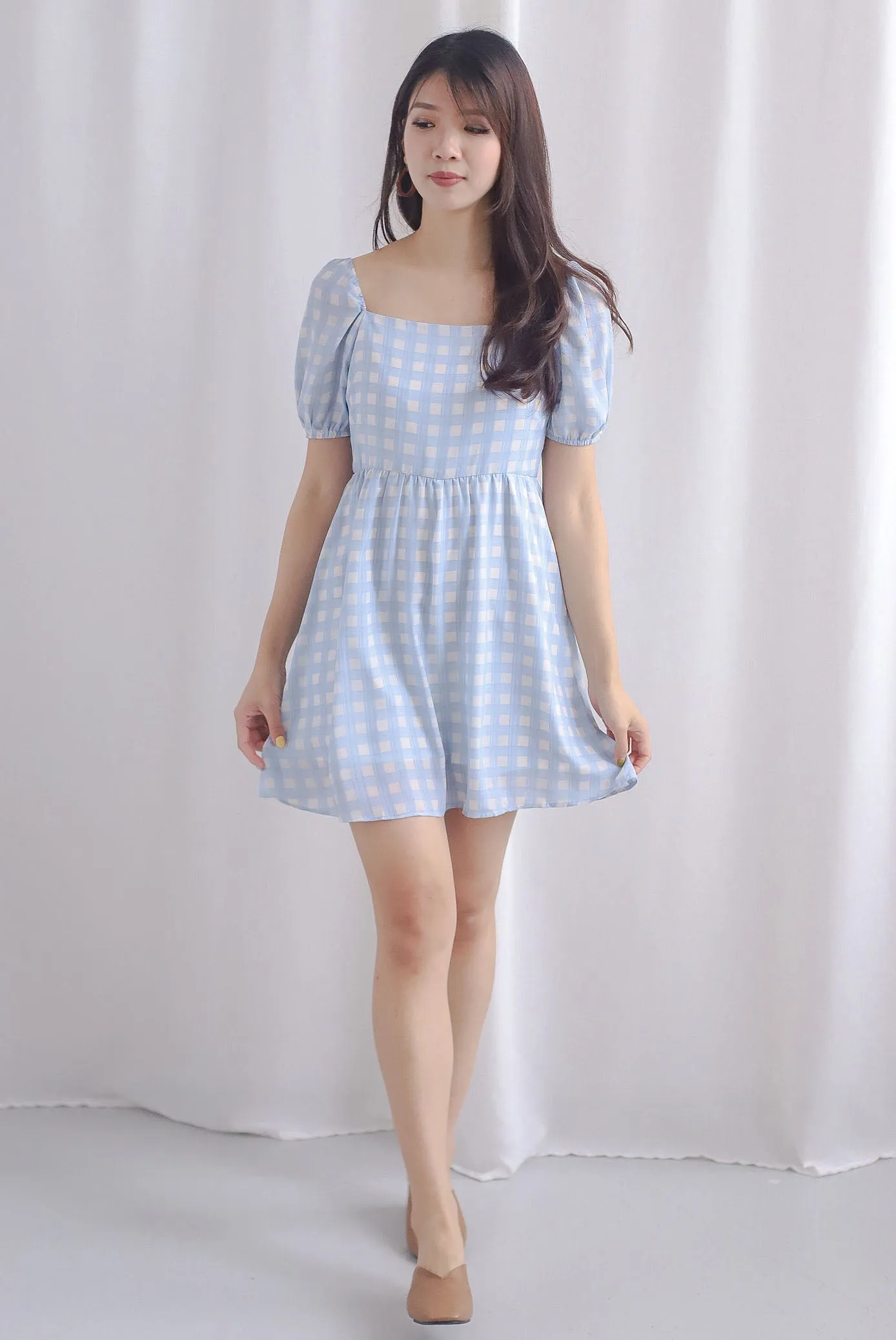 Sofia Plaid Puffy Sleeve Dress Romper In Blue