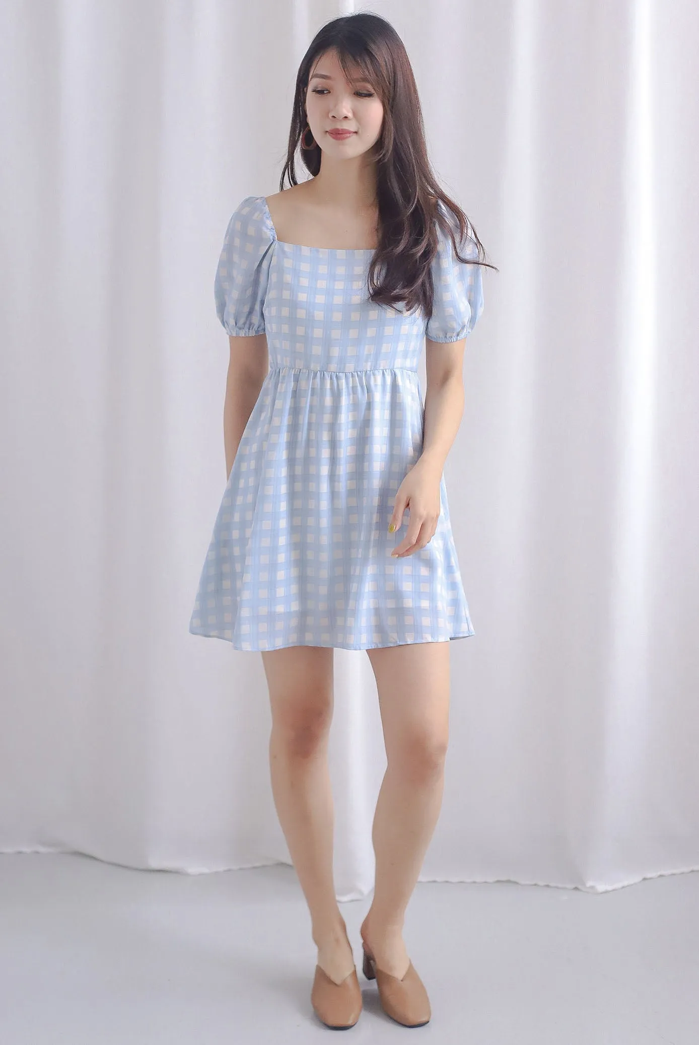 Sofia Plaid Puffy Sleeve Dress Romper In Blue