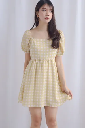 Sofia Plaid Puffy Sleeve Dress Romper In Yellow