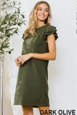 SOLID FLOWING RUFFLE SLEEVES DRESS