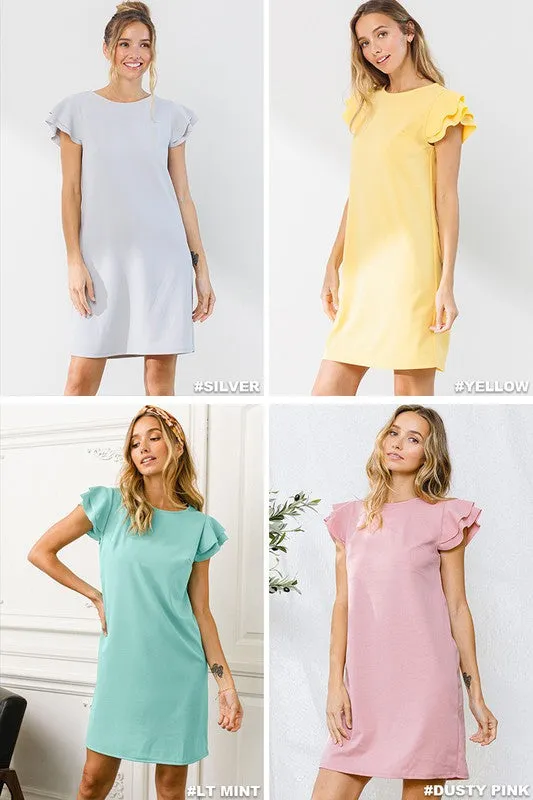 SOLID FLOWING RUFFLE SLEEVES DRESS