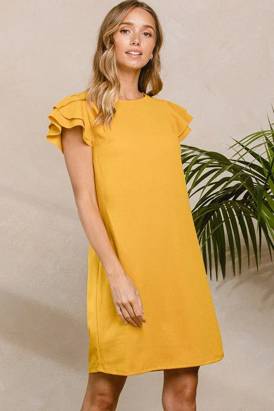 SOLID FLOWING RUFFLE SLEEVES DRESS
