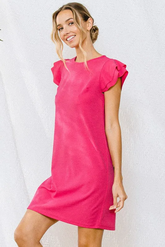 SOLID FLOWING RUFFLE SLEEVES DRESS