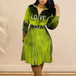 Solid Letter Print Pleated Dress
