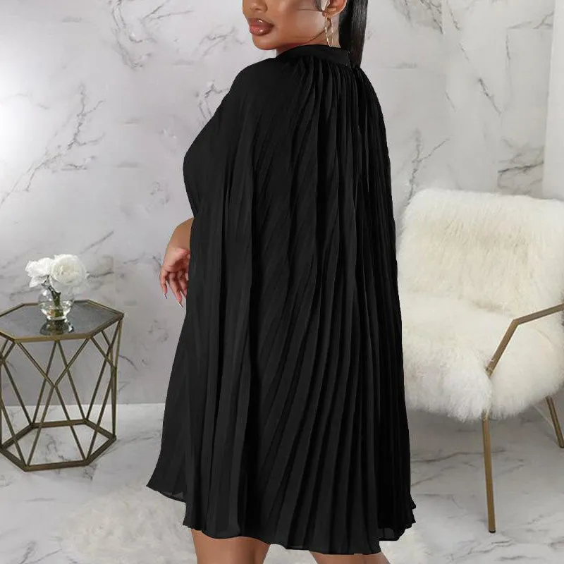 Solid Slit Pleated Cape Mini Dress