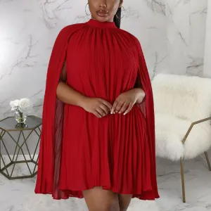 Solid Slit Pleated Cape Mini Dress