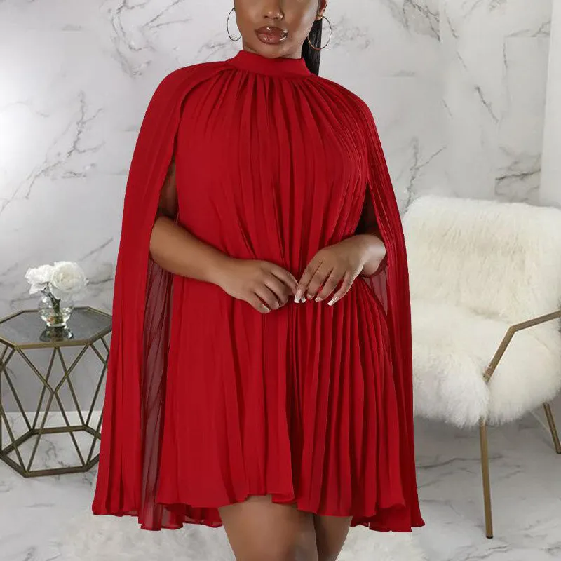 Solid Slit Pleated Cape Mini Dress