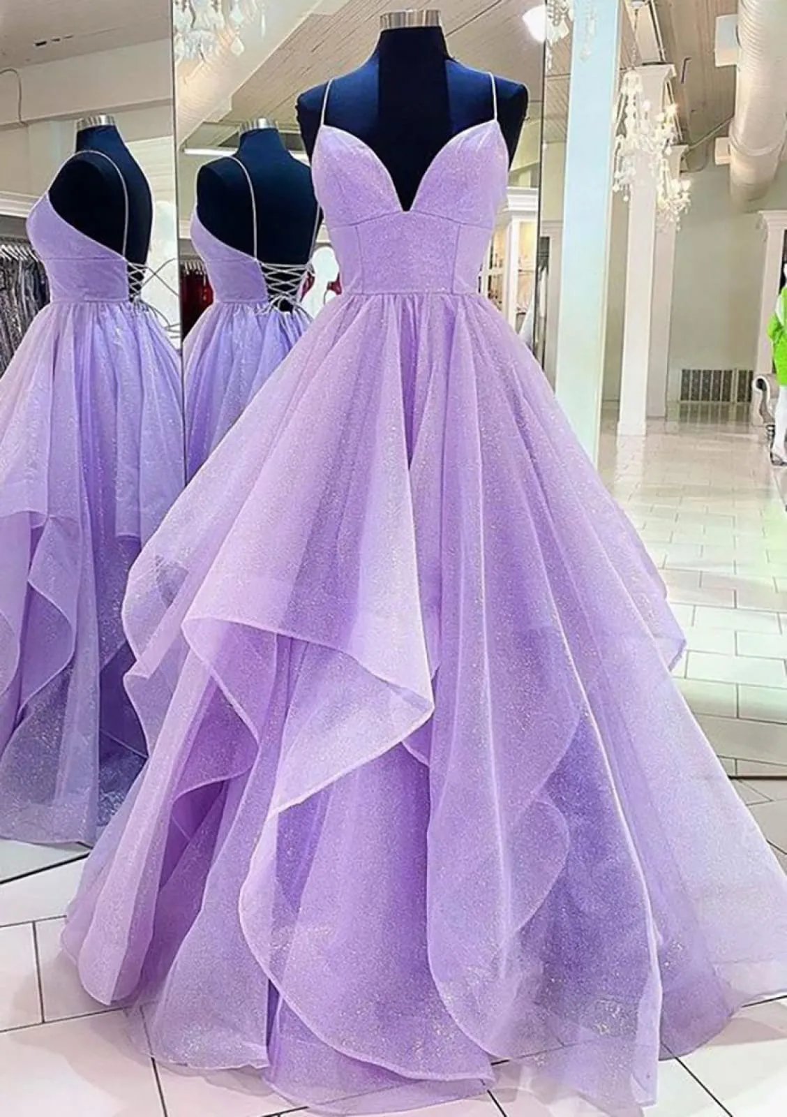 Sparkling A-line Spaghetti Strap Sleeveless Backless Horsehair Organza Prom Dress