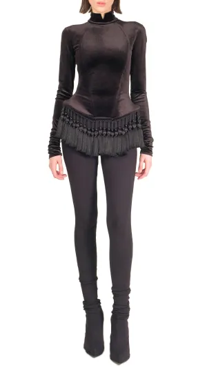 Stretch Velvet Turtleneck with Tassels