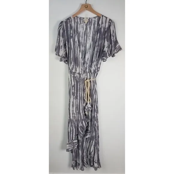 Surf Gypsy Women's Sz. S Tie Dye Grey &amp; White Ruffle Wrap Dress W/ Rope Tie