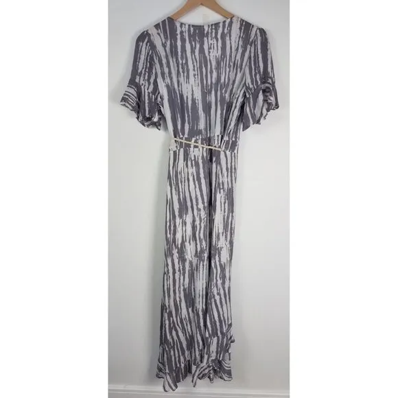 Surf Gypsy Women's Sz. S Tie Dye Grey &amp; White Ruffle Wrap Dress W/ Rope Tie