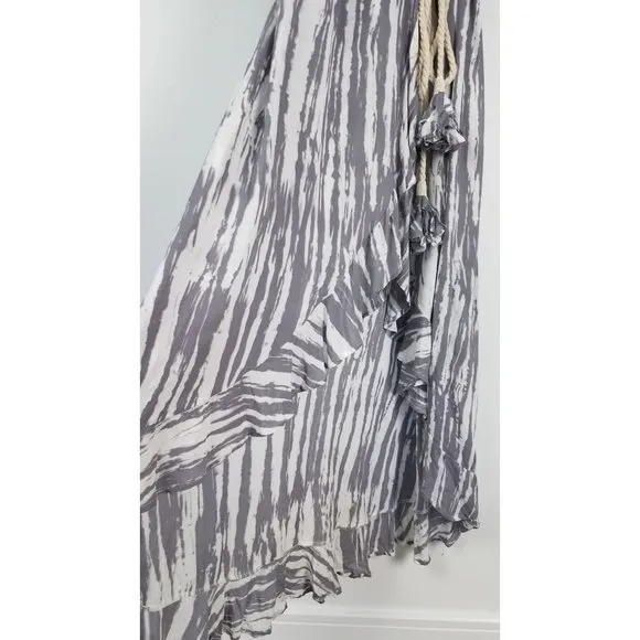 Surf Gypsy Women's Sz. S Tie Dye Grey &amp; White Ruffle Wrap Dress W/ Rope Tie
