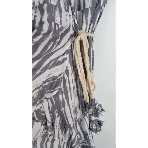 Surf Gypsy Women's Sz. S Tie Dye Grey &amp; White Ruffle Wrap Dress W/ Rope Tie
