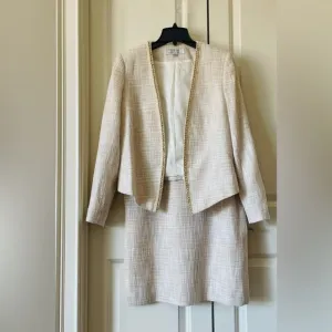 Tahari A Levine Sz 6 Blazer&amp;Skirt Suit Chain Trim Knit Pastel Pink White 2 PcSet