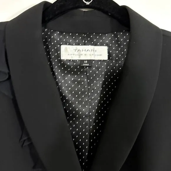 Tahari Arthur Levine Black Suit Jacket / Blazer 100% Silk Ruffle Detail Size 14