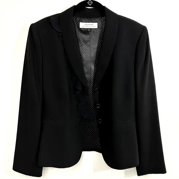 Tahari Arthur Levine Black Suit Jacket / Blazer 100% Silk Ruffle Detail Size 14