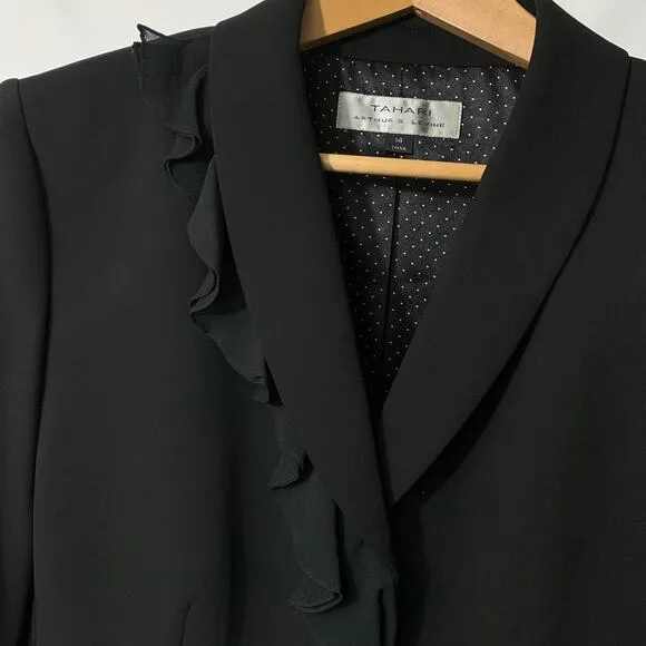 Tahari Arthur Levine Black Suit Jacket / Blazer 100% Silk Ruffle Detail Size 14