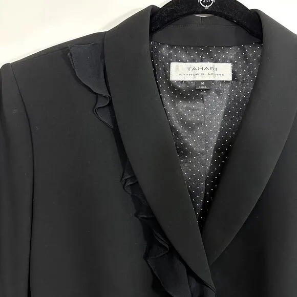 Tahari Arthur Levine Black Suit Jacket / Blazer 100% Silk Ruffle Detail Size 14