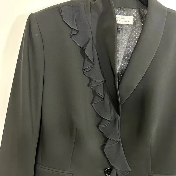 Tahari Arthur Levine Black Suit Jacket / Blazer 100% Silk Ruffle Detail Size 14
