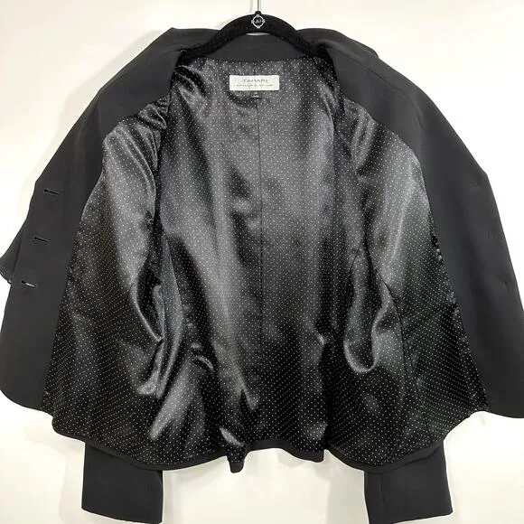 Tahari Arthur Levine Black Suit Jacket / Blazer 100% Silk Ruffle Detail Size 14