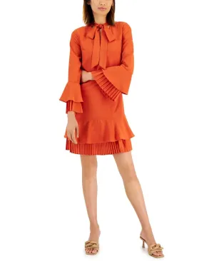 Tahari Asl Women's Pleated-Trim Tie-Neck Dress 2AM188-T2 Burnt Orange 6