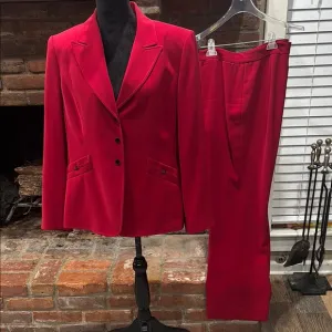 Tahari Red Blazer Classic Cut Suit Jacket and Pants Set.
