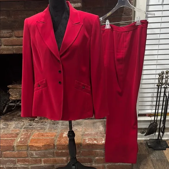 Tahari Red Blazer Classic Cut Suit Jacket and Pants Set.