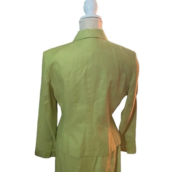 Talbots 2 Piece Suit Green 100% Irish Linen Skirt &amp; 4 Button Blazer Size 8 Lined