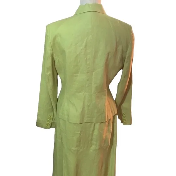 Talbots 2 Piece Suit Green 100% Irish Linen Skirt &amp; 4 Button Blazer Size 8 Lined