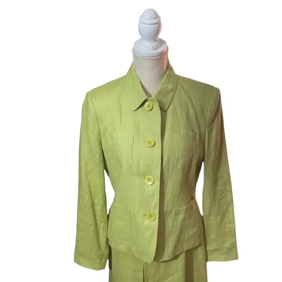 Talbots 2 Piece Suit Green 100% Irish Linen Skirt &amp; 4 Button Blazer Size 8 Lined