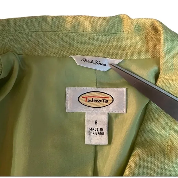 Talbots 2 Piece Suit Green 100% Irish Linen Skirt &amp; 4 Button Blazer Size 8 Lined