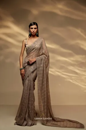 Taupe ghqicha organza saree set