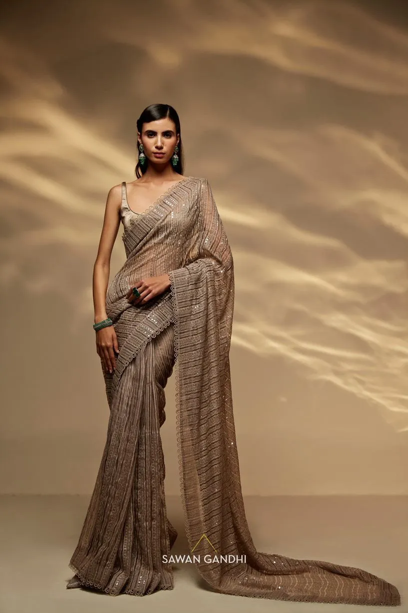 Taupe ghqicha organza saree set