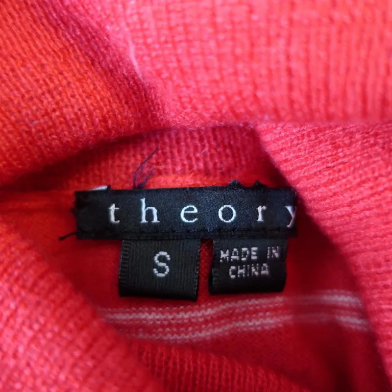 Theory Cashmere Turtleneck Top Azlin Red Striped Size Small Short Sleeve Sweater
