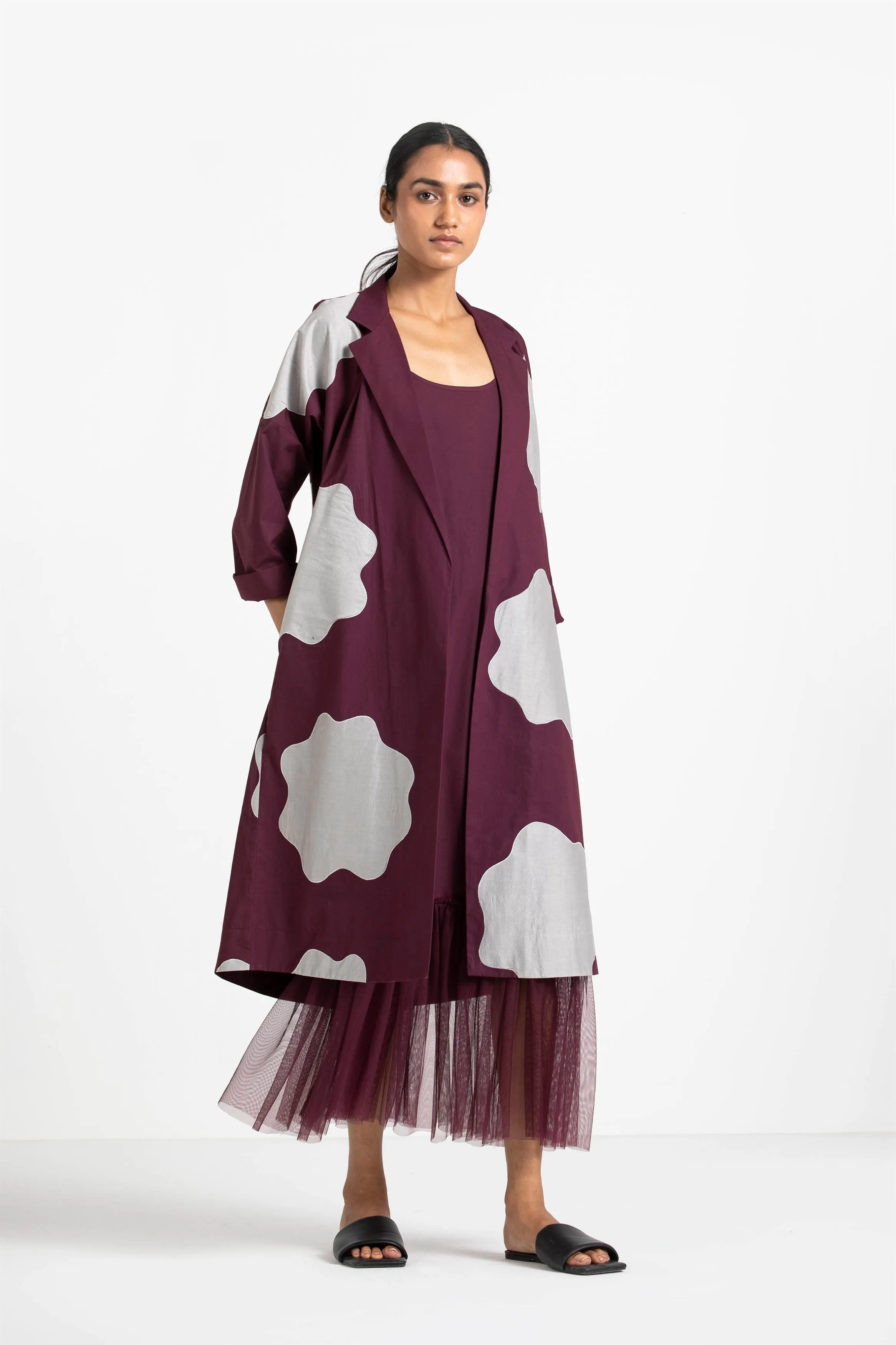THREE   -   Slip Dress (With Net Ruffle Hem) Applique Jacket Coord